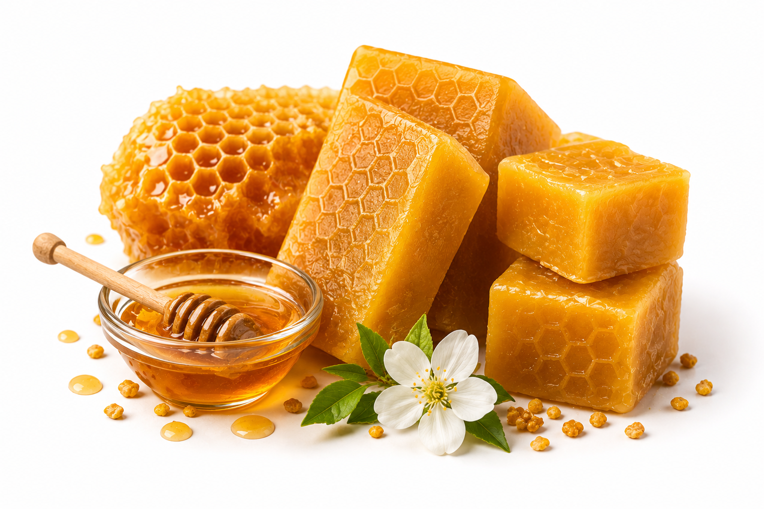 Blocks of natural beeswax with honeycomb