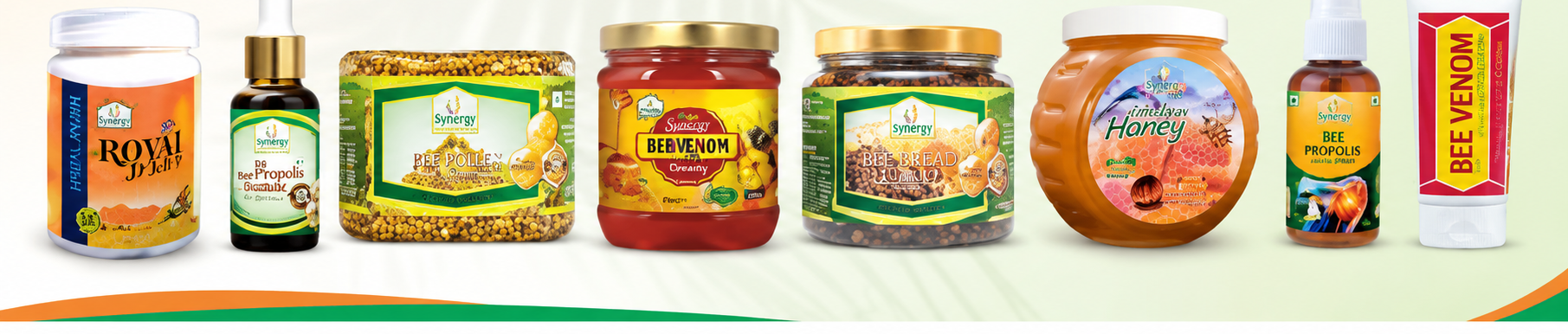 Synergy bee-product supplements: royal jelly, propolis tincture, bee pollen, honey, bee bread, massage oil and bee venom cream